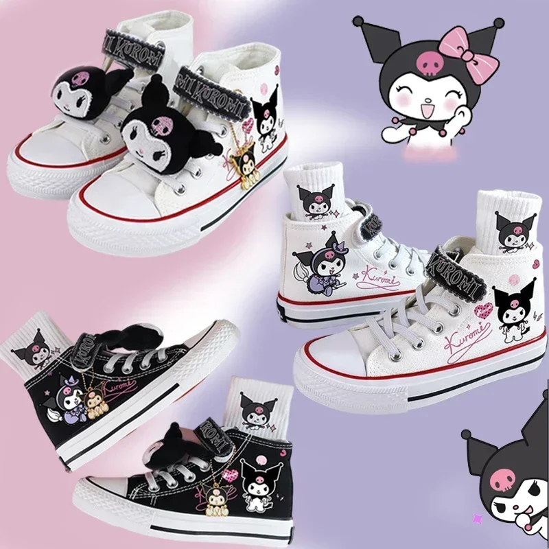 

Kawaii Sanrio Kuromi Canvas Shoes Children's New Cartoon Velcro Sneakers Anime High Top Casual Flat Shoes Free Sock Doll Buckle