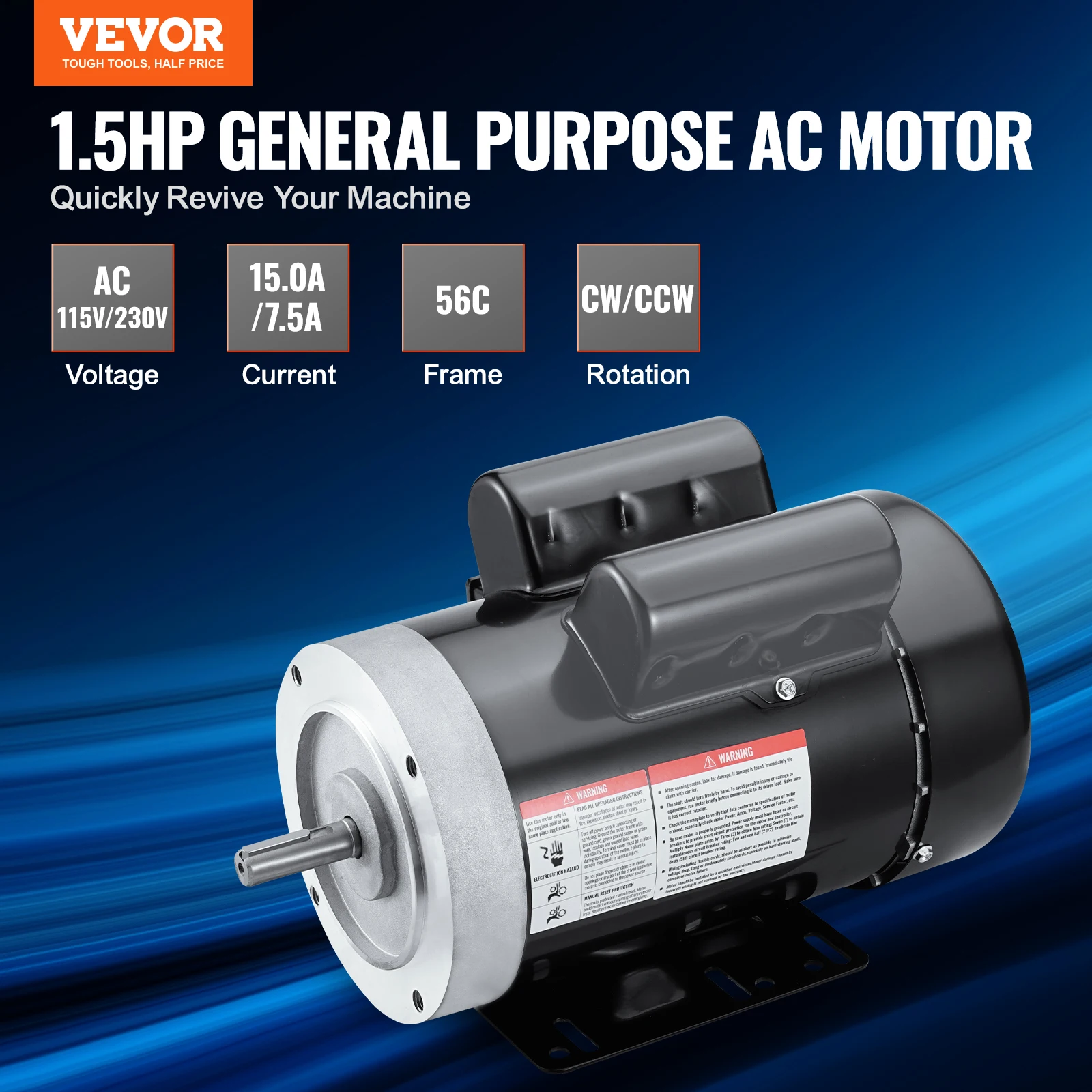 VEVOR 1.5/1 HP Electric Motor 3450rpm AC 115V/230V 56C Frame Air Compressor Motor Single Phase 5/8