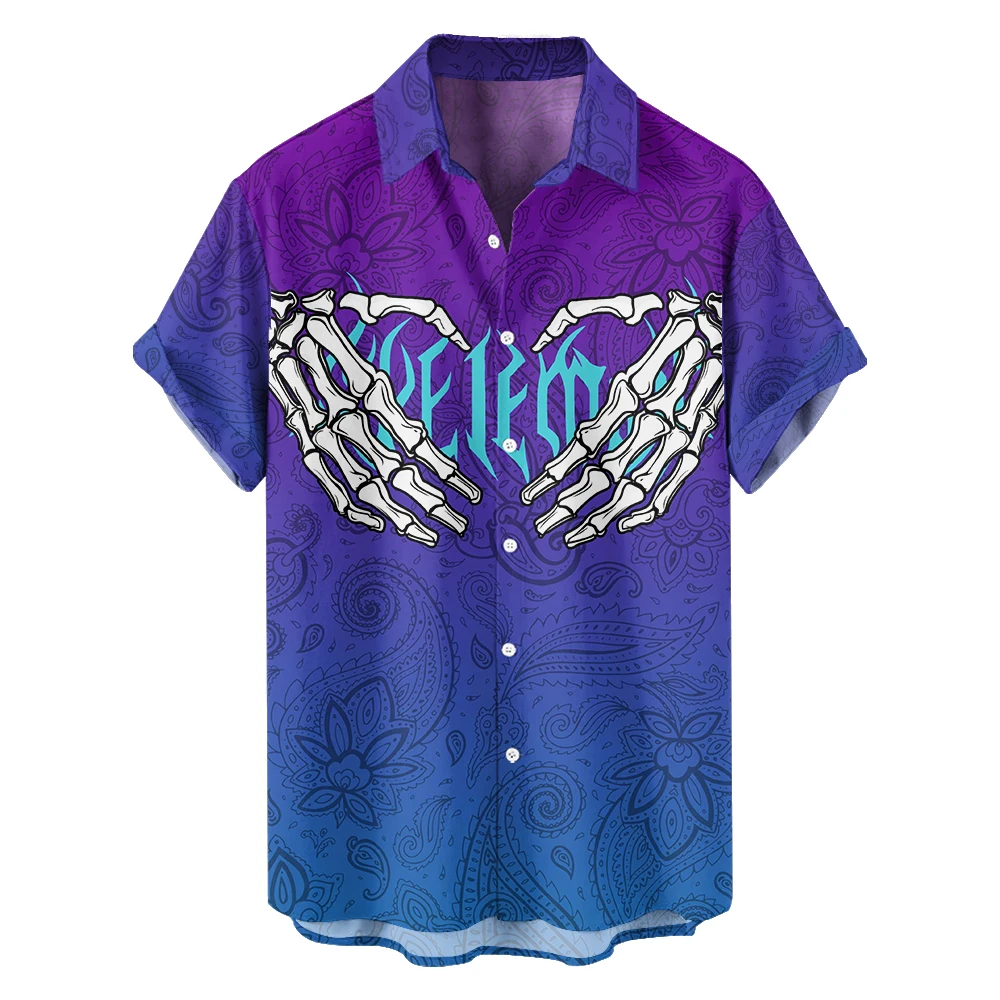 

Original Summer skeleton hand Casual Travel Plus size Short Sleeve Shirt Hawaiian Style retro digital print loose trend shirt