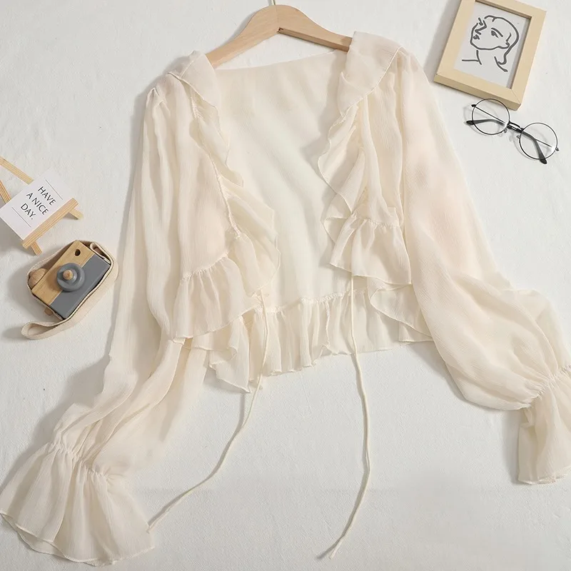 Women Cardigan All-match Thin Ruffles Solid Colors Flare Long Sleeve Summer Sun-proof Lace Up Shrugs Fairy Holiday Ulzzang Chic