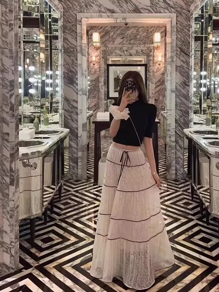 

Женская белая юбка Clothland с черным кружевом, завязками и цветочным узором, А-силуэт, шикарная длинная юбка для женщин BA392