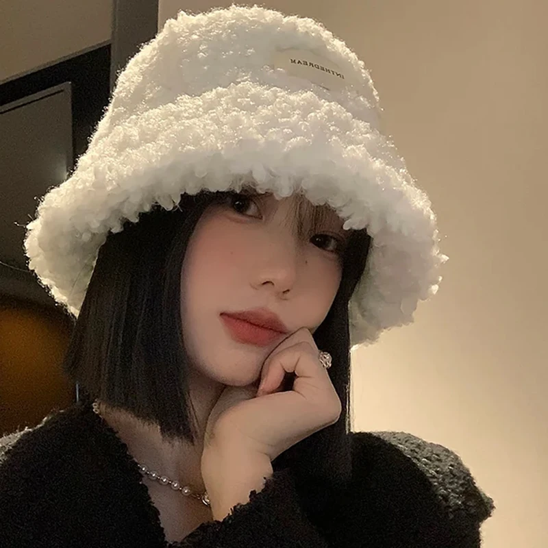 Unisex Winter Warm Hats Lamb Wool Bucket Hat For Women Lady Thicken Flat Top Cap Unisex Men Panama Outdoor Fisherman Hat Caps