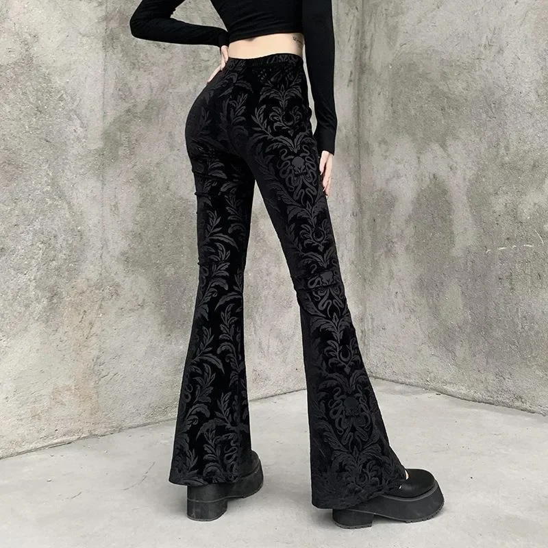 Mall Goth Flocking Velvet Women Pants Women Dark Gothic Harajuku Streetwear 90s High Waist Slim Aesthetic Skinny Leggings Punk