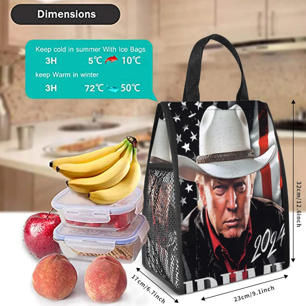 Bolsa de almuerzo con aislamiento térmico Cowboy Trump, contenedor de almuerzo portátil para campamento, caja de comida multifunción