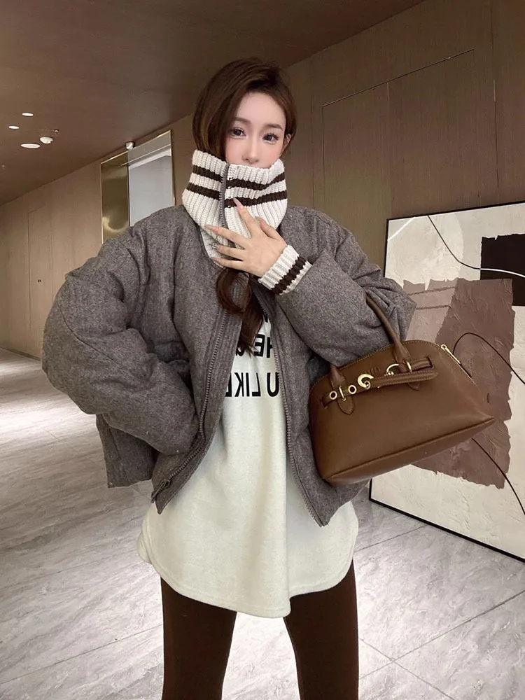 European Knitted Big Collar Down Jacket for Women New High end Design Retro Thick Woolen Down Coat