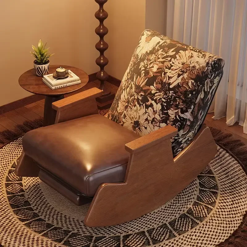 Modern Retro Solid Wood Leather Rocking Chair Single Sofa Leisure Chair Antique Lunch Break Recliner Home Balcony Living Room