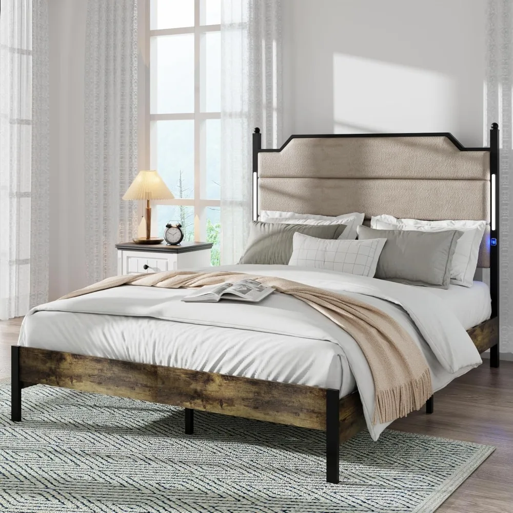 Queen Size Bed Frame with Underbed Storage, Simple and Atmospheric, Heavy Duty Sturdy Upholstered Metal Bed Frame