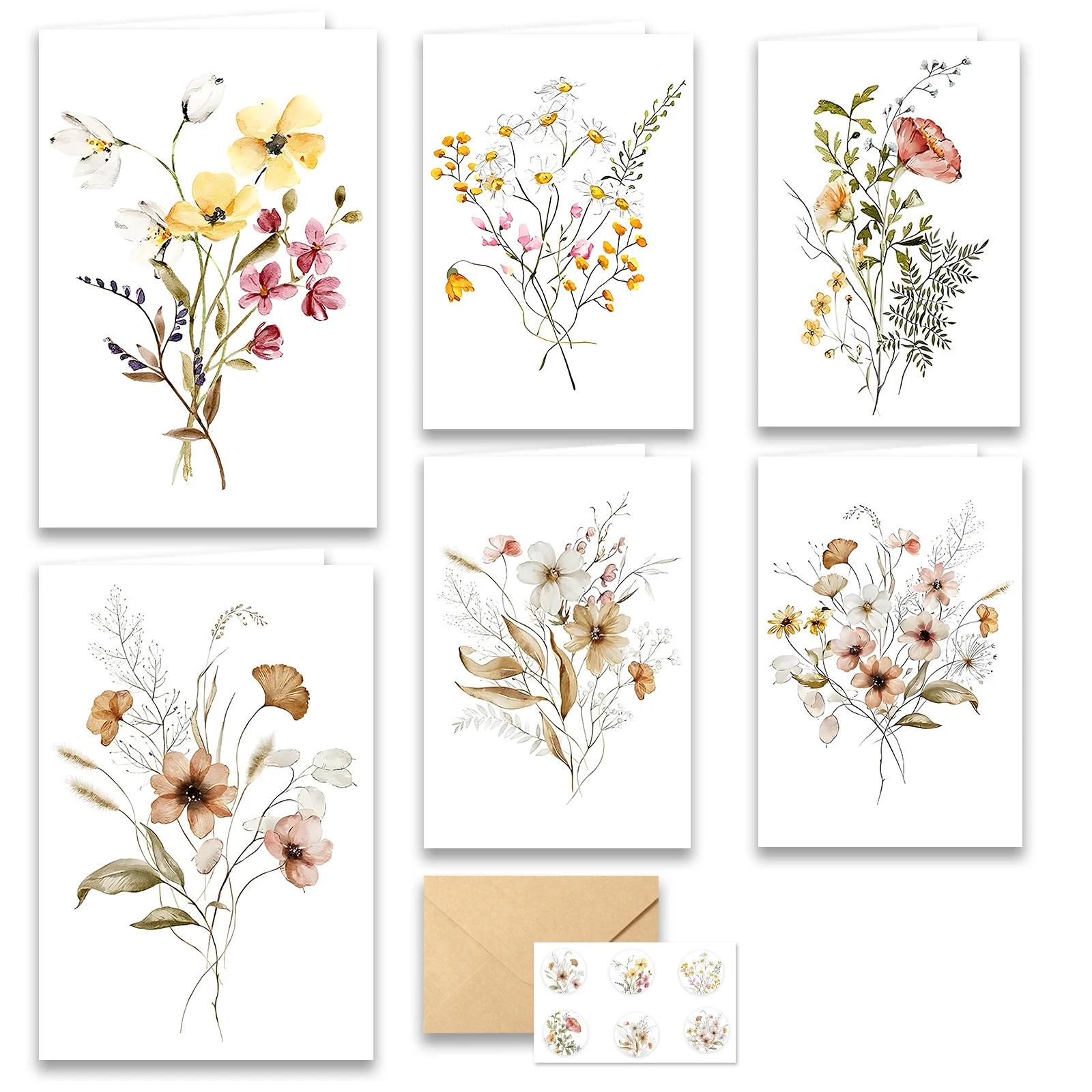 Juego de tarjetas de agradecimiento florales (6 piezas) - Tarjetas de felicitación en blanco con sobres y pegatinas Regalo de cumpleaños