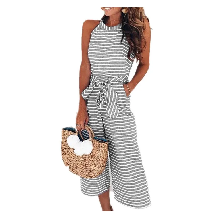 Summer Woman Jumpsuit Sleeveless Cropped Jumpsuits Women's Round Neck Romper Blue Striped Front Pocket Wide Leg Jumpsuit