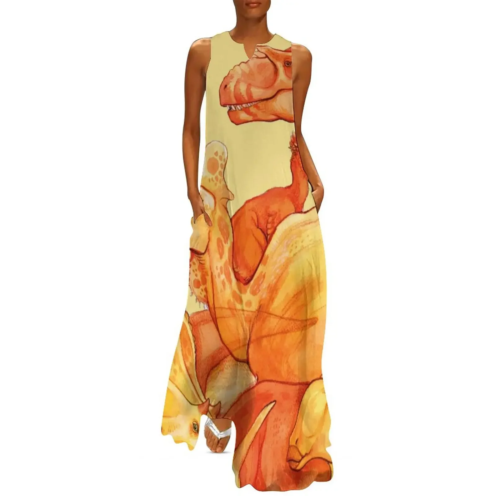 

cretaceous congregation - orange & yellow dinosaurs Long Dress women long dresses Dress