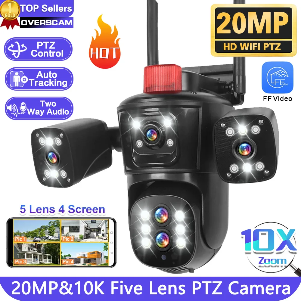 Caméra de surveillance extérieure PTZ IP WiFi HD 20MP/10K, dispositif de sécurité sans fil, avec quatre écrans, n'aime optique x10 et cinq objectifs