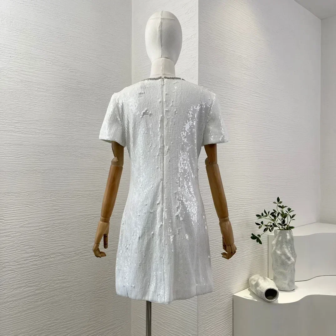 Top Quality Women's White Short Sleeve Flowers Appliqued Elegant Mini Dress for Party