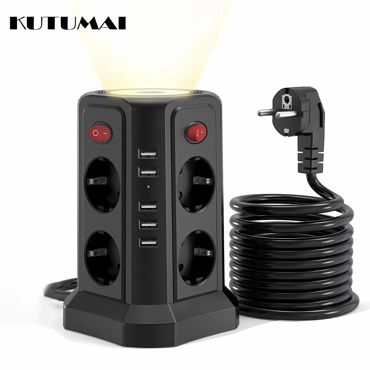 Power Strip Tower Multiple Socket 8 Outlets 5USB Port Charging Surge Protection Night Light 5.9Ft Extension Cord for Home Office