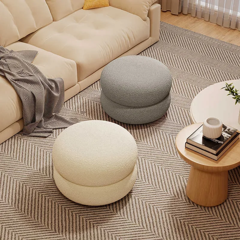 Lamb wool round shoe changing footstool, cream wind low stool, living room children's sofa seat