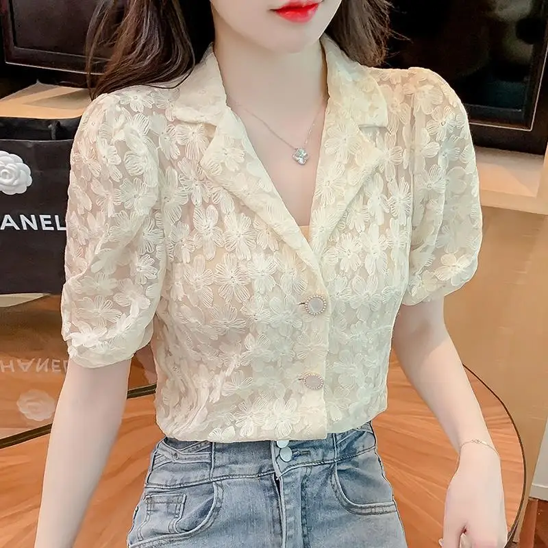 Summer Korean Fashion Buttons Solid Color Turn-down Collar Puff Sleeve Blouse Women Clothes Simplicity Net Yarn Women\'s Shirt