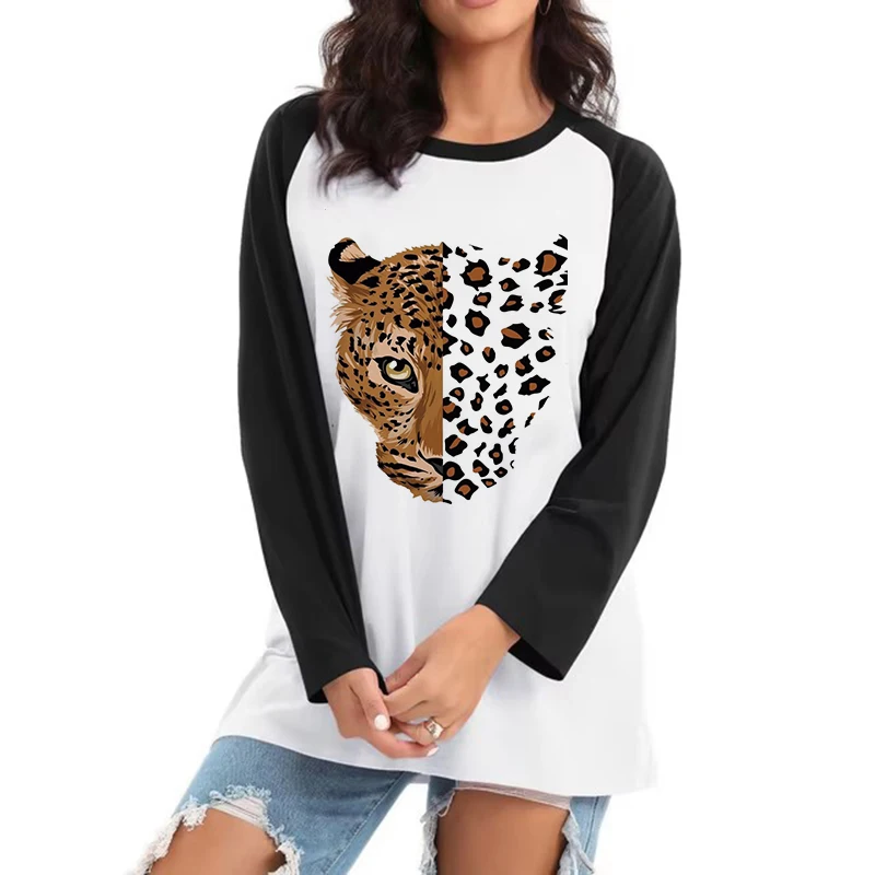Lustige Leopard Tiger Tier Langarm T-Shirts Tops Y2k T Shirt Damen Casual All Seasons T-Shirt Gothic Rundhals T-Shirt Kleidung