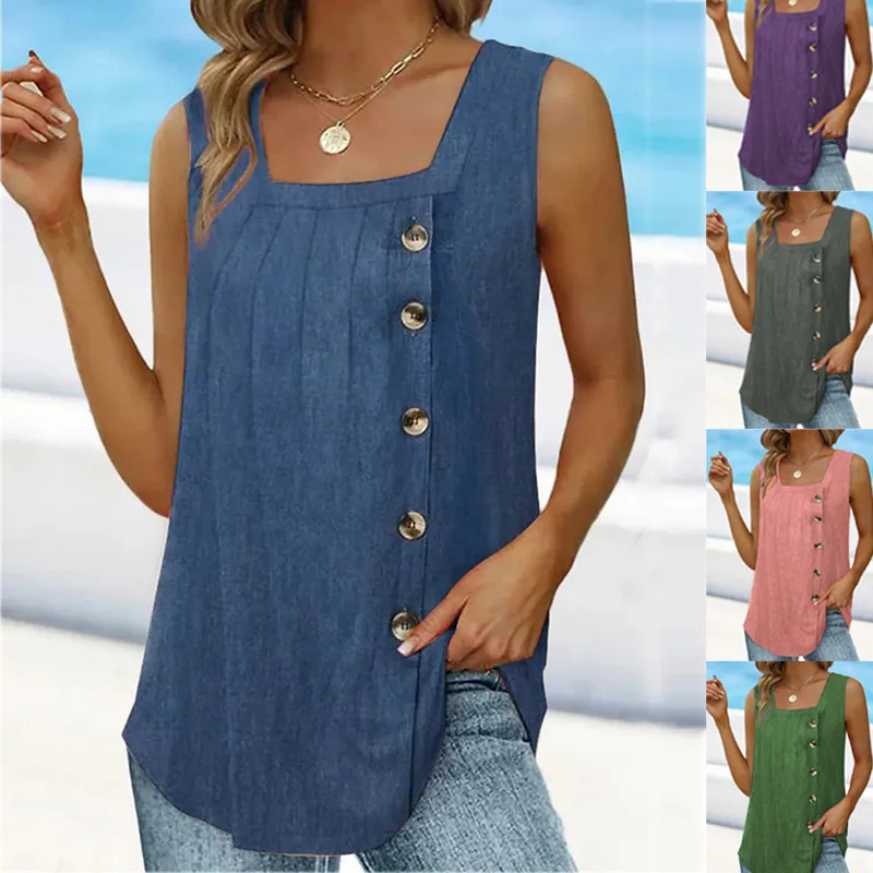 

Summer New Women's Button Bal Svel Square Collar Vest Tailored Cotton Polyester Blend Comfortable Loose Fit Outerwear