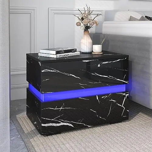 

LED Nightstand Set of 2 with 2 Drawers, Modern High Gloss Bedside Table with Led Lights, End Table for Bedroom (Black,2 Rattan