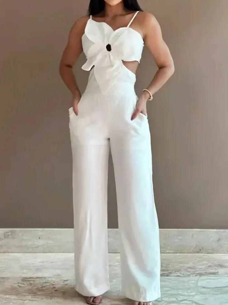 

2024 Simple Sleeveless Loungewear Bodysuits, New Women Summer Hollow Fashion Jumpsuits, Wide Leg Pants Pocket Ladies Playsuits