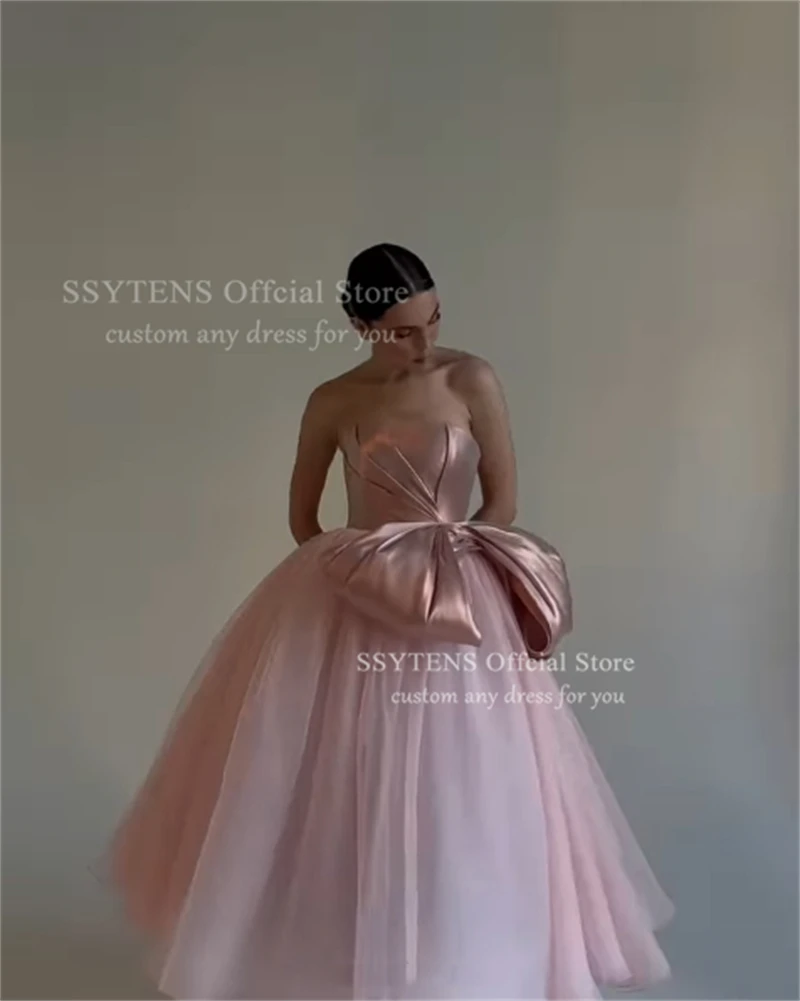 SSYTENS Pink Strapless Party Dresses Satin Bow A Line Prom Gown Ankle Length Birthday Evening Dress Vestidos De Festa Customized