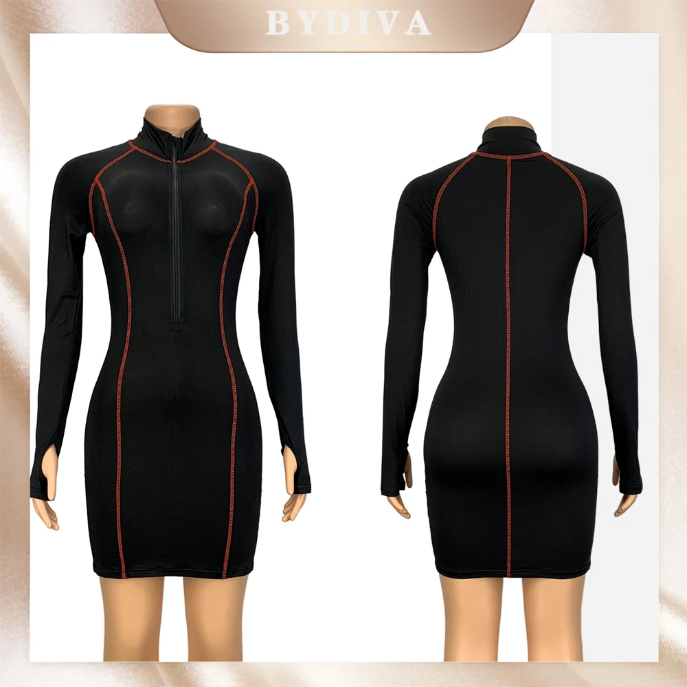 BYDIVA – robe moulante à manches longues pour femme, vêtement de sport décontracté avec fermeture éclair sur le devant, à rayures sur la hanche, Mini robe courte Slim, automne