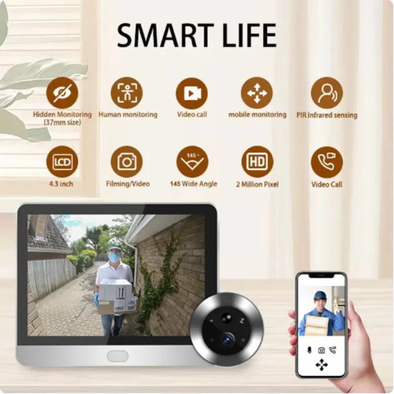 Bateria-Mini Wifi wizjer 1080P 2.4G automatyczne wykrywanie kamera do drzwi 4,3-calowa cyfrowa kontrola dostępu wideodomofon