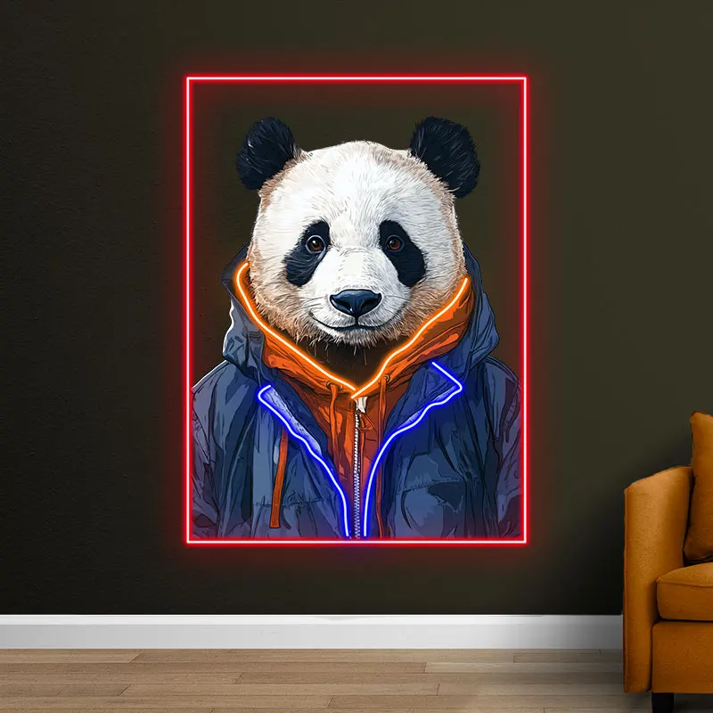 Toysign Cool Panda in Jacket Neon Wall Art - Trendy LED Light Decor for Teen Room, Game Room, Unique Gift Idea - Red Frame