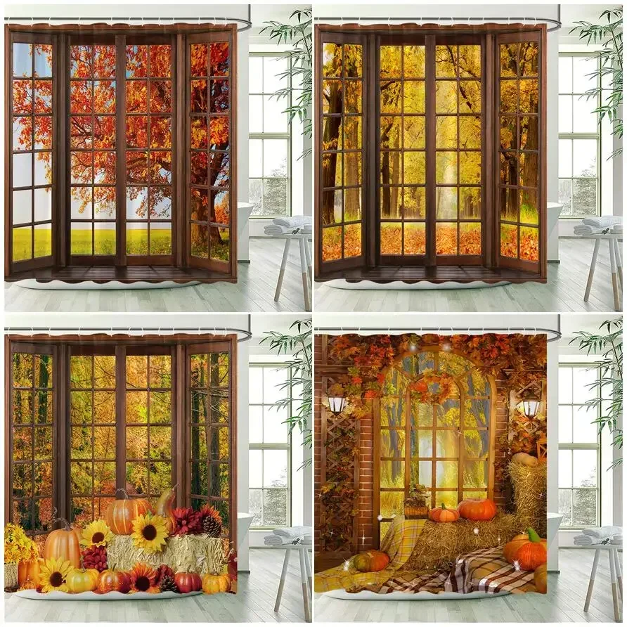 Fall Shower Curtains Brown Window Forest Maple Leaves Farm Pumpkin Sunflower Haystacks Autumn Thanksgiving Bathroom Decor Hooks