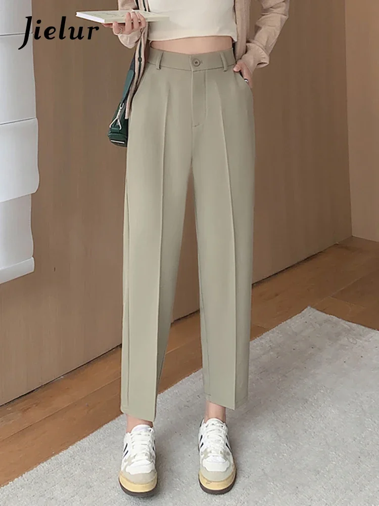 Jielur Nieuwe Office Lady Eenvoudige Vrouwelijke Pak Broek Zomer Hoge Taille Effen Kleur Casual Mode Damesbroek Chique Harembroek