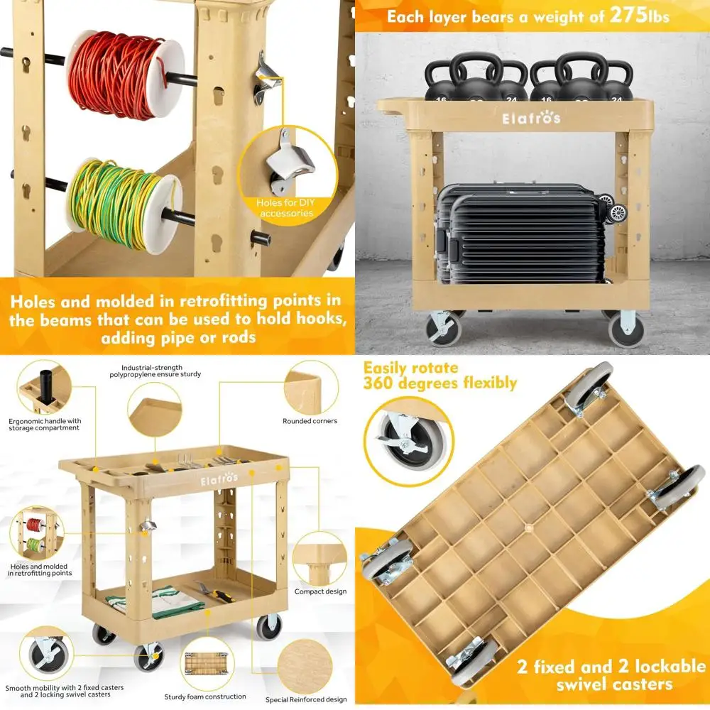 

Industrial-Strength Plastic Utility Cart, 34 x 17, 550 lbs Capacity, 2 Fixed and 2 Swivel Wheels, Ideal for Warehouse and Garage