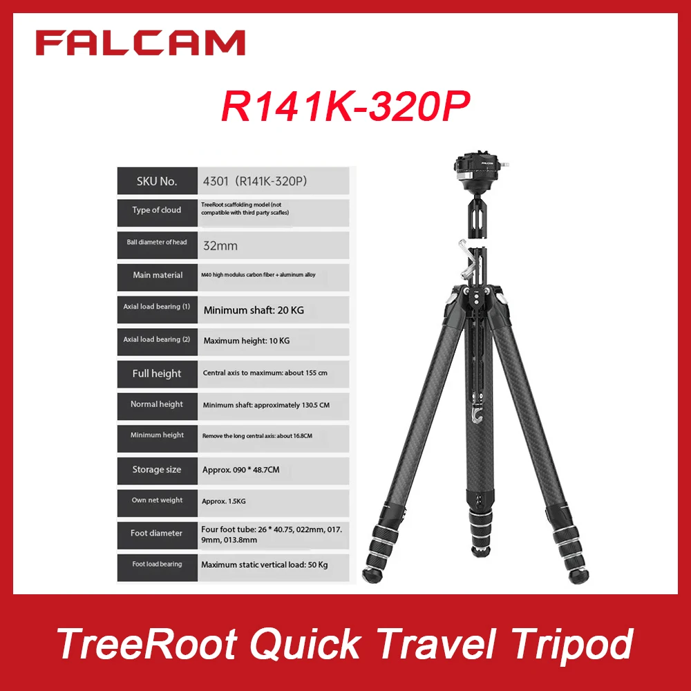 

FALCAM R141K-320P TreeRoot Quick Lock Travel Camera Tripod w/ Panoramic Pan Tilt Carbon Fiber Camera Stand for Sony Canon Fuji