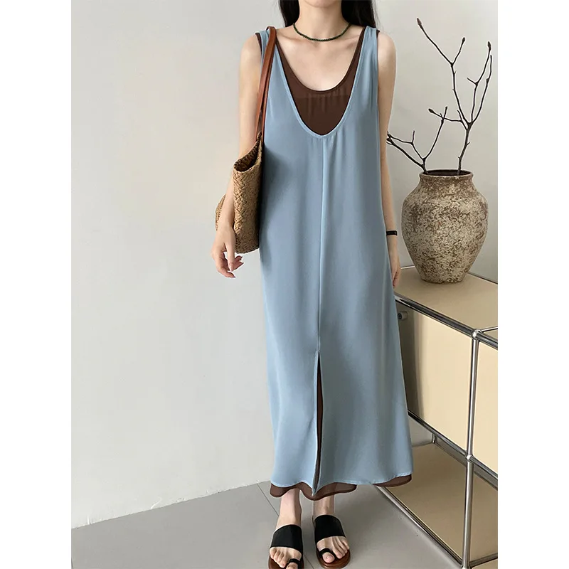 Vestido suspenso de duas peças em camadas para mulheres, estilo fino, respirável, caído, elegante, decote em v