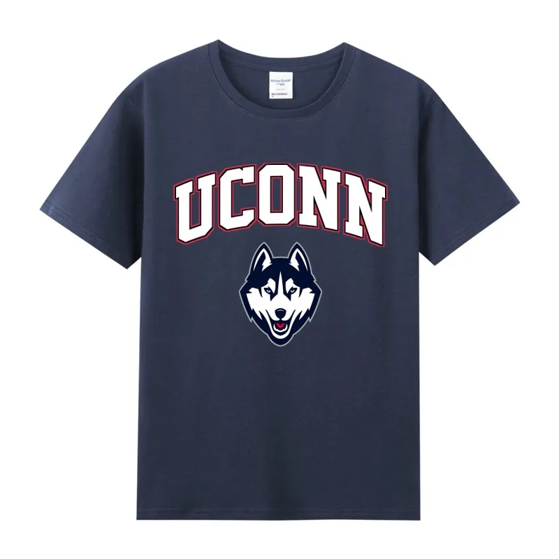 Camiseta Unissex de Algodão Puro com Estampa NCAA da Universidade UConn Connecticut, Estilo Americano, Manga Curta, Gola Redo...