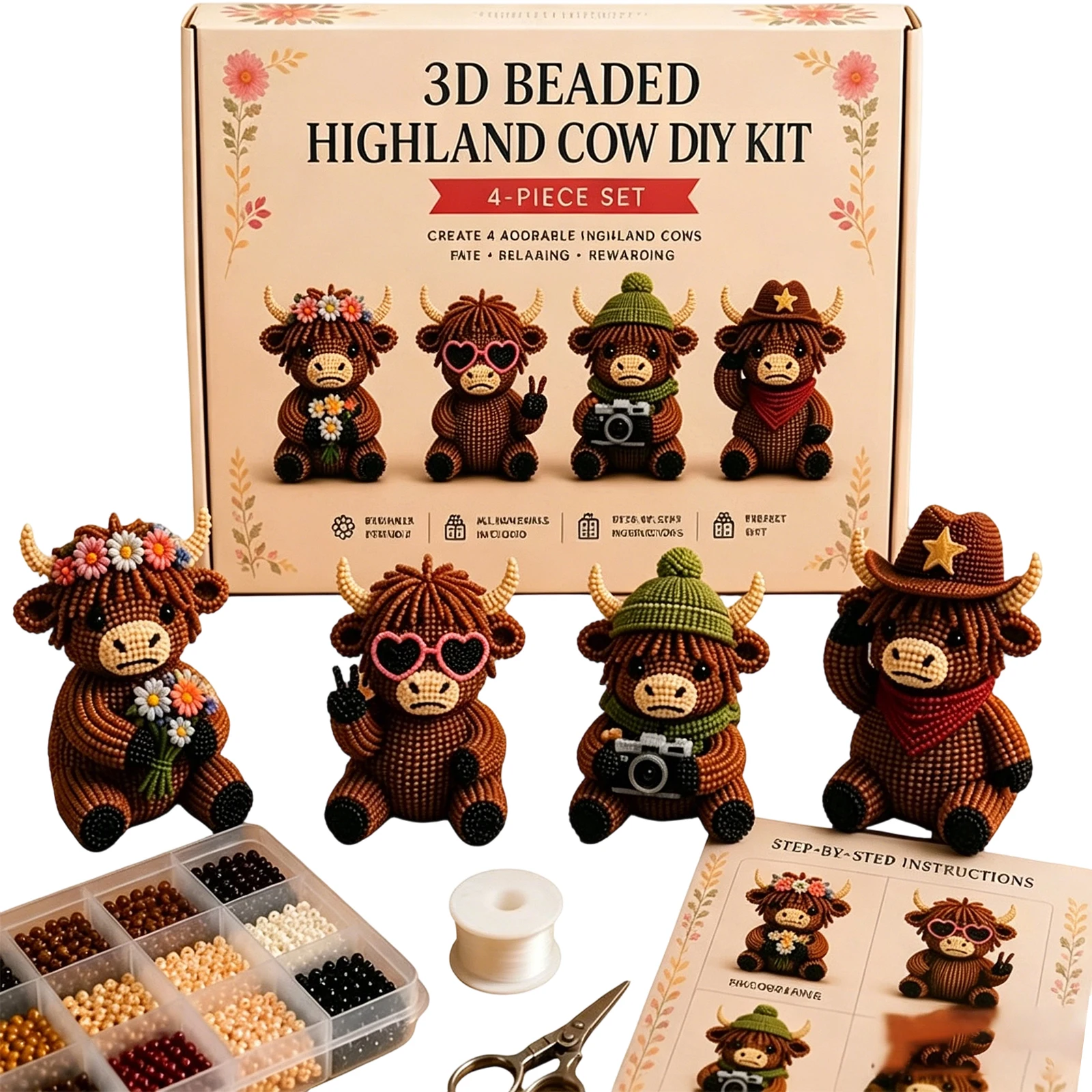 3D DIY Beaded Animal DIY Kit 4PCS Cute Highland Cow Beading Craft Set Animal Beading Kit Gift for Beginners & Craft Enthusiasts