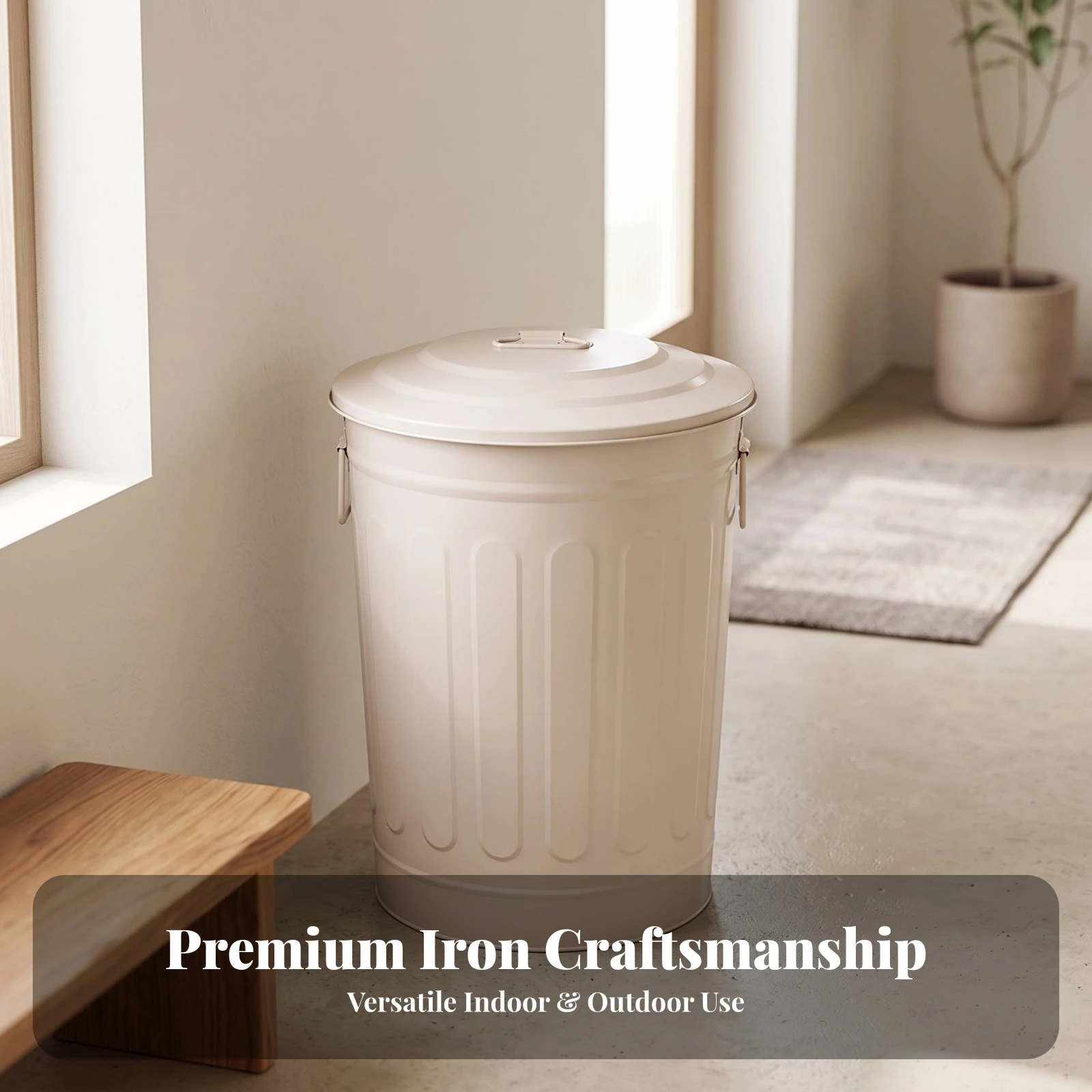 Metal Trash Can with Lid Recyclable Trash Can with Lid Ribbed Metal Bin Compact Portable for Outdoor, Park