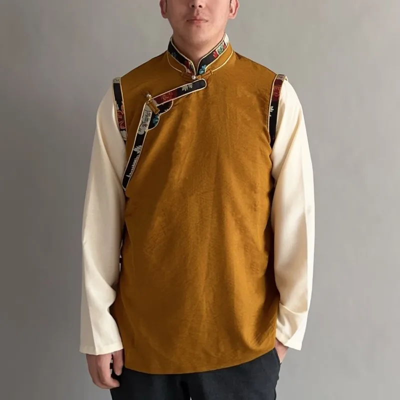

Men's Trim Fake Two-Piece Cardigan Tibetan Top Clothing Costumes Ethnic Minority Shirt