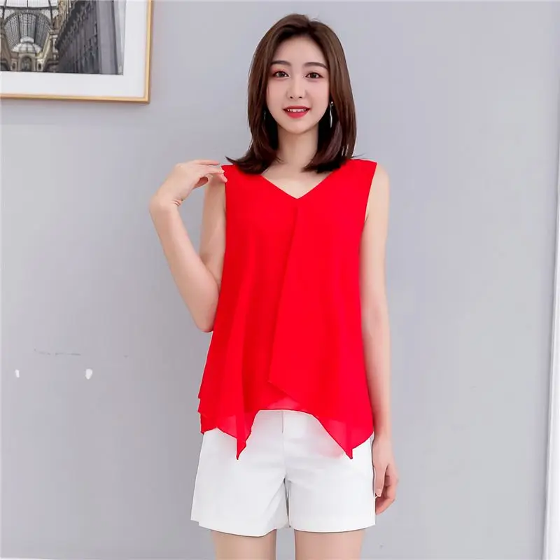 Fashion New Big Size Women\'s Summer Sleeveless Halter Vest Double Chiffon Shirt Loose with A Base Outside To Wear The Top