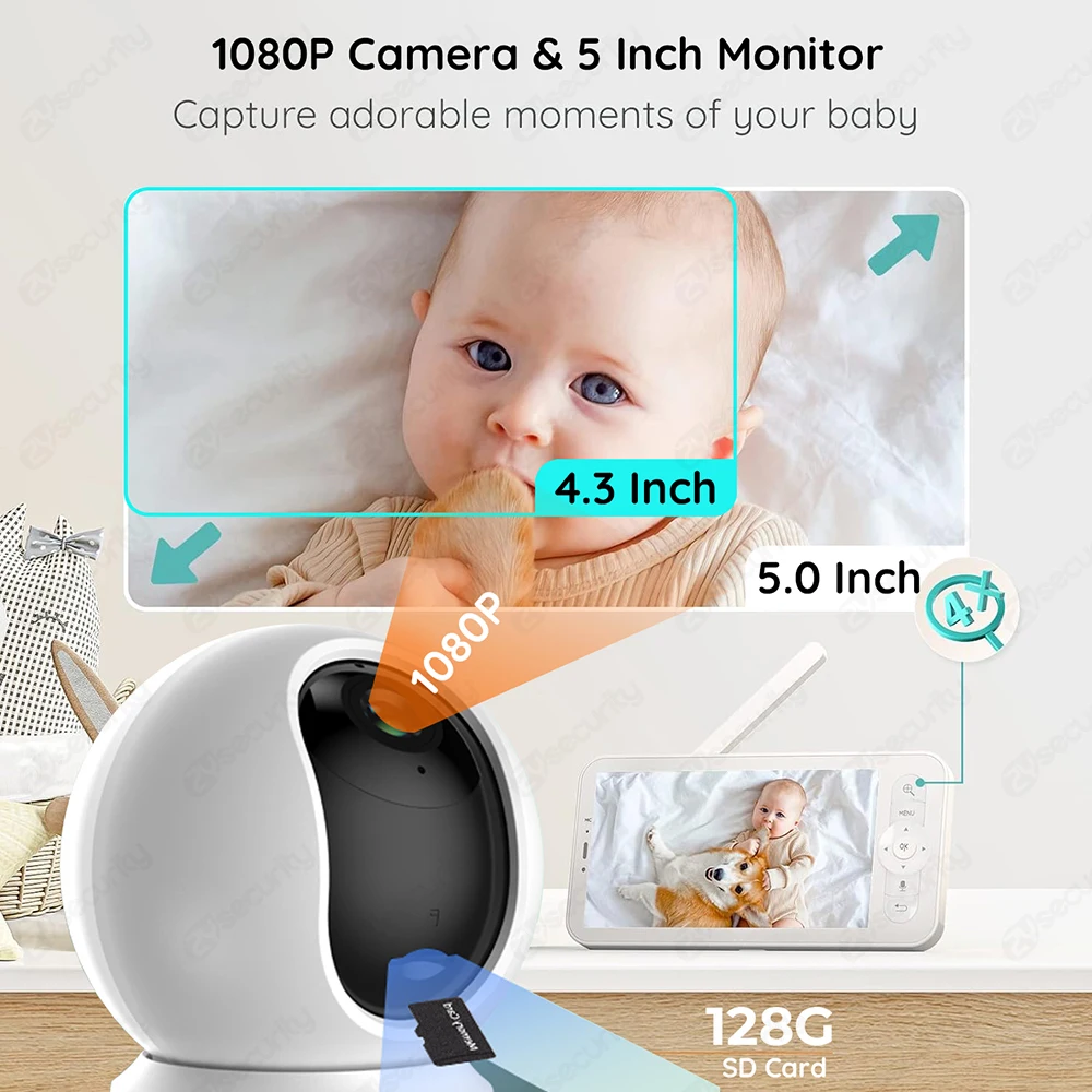 5 Inch WiFi Baby Monitor with Phone App 1080P PTZ Camera Nanny HD Night Vision Interom Baby Phone VOX Cry Detection Baby Cameras