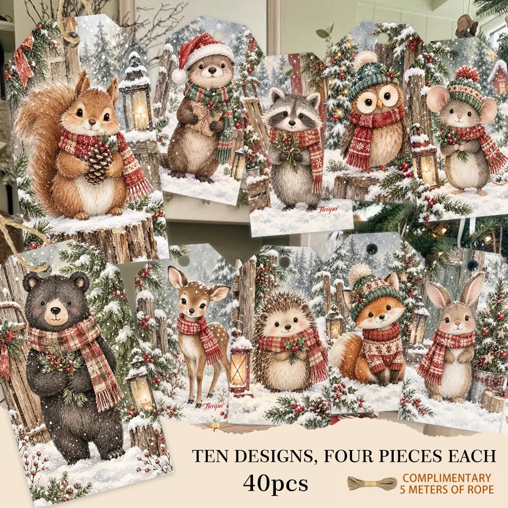 40pcs, Gift Tags, Watercolor Forest Animal Xmas, Hanging Paper Labels for Gift Wrapping, Holiday Party Decor with String