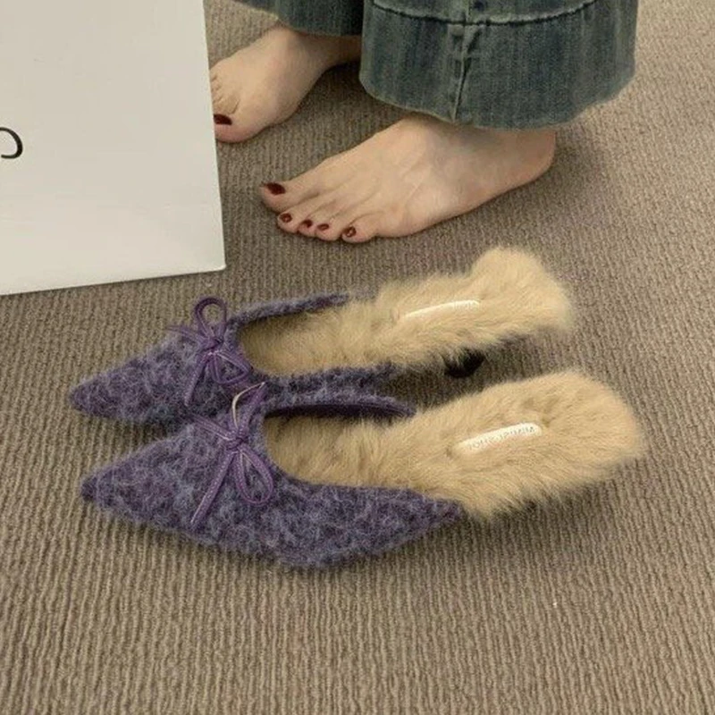 ポインテッドトゥ ファー スリッパ レディース リボン ハイヒール シューズ ミュール 2025 冬 デザイナー 新作 スリングバック ショートプラッシュ シューズ ビーチサンダル