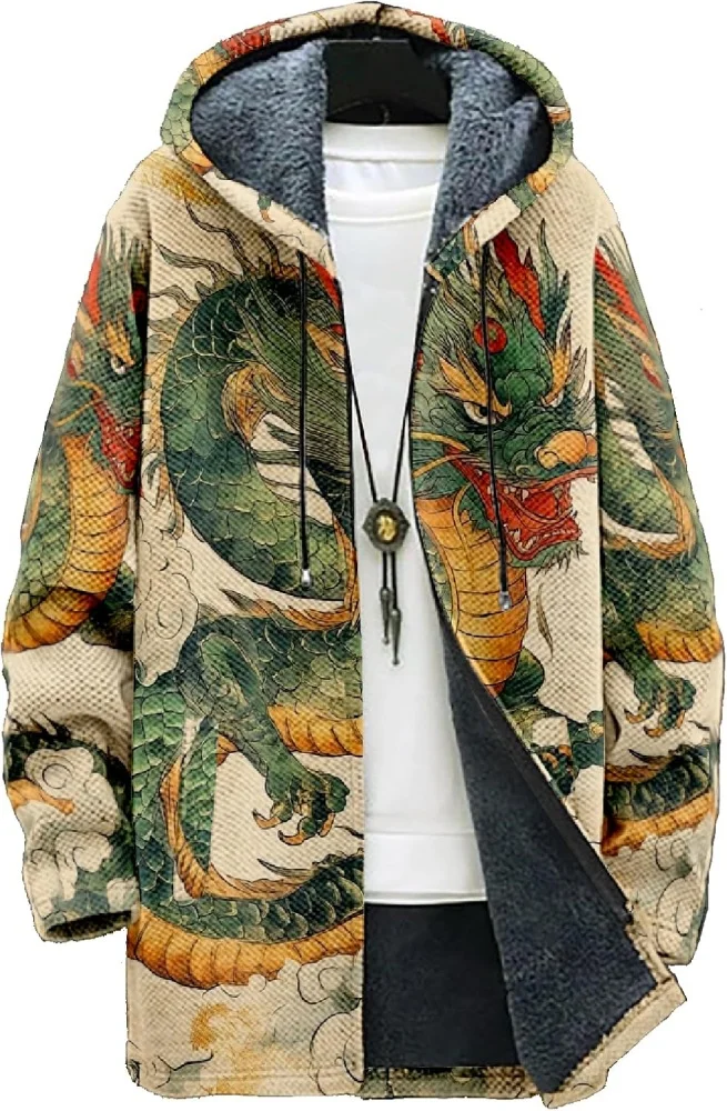 

Mens Hooded Cardigan Sweater Japanese Art Zip Up Vintage Long Sleeve Casual Hoodie Dragon Print Coat with Pockets