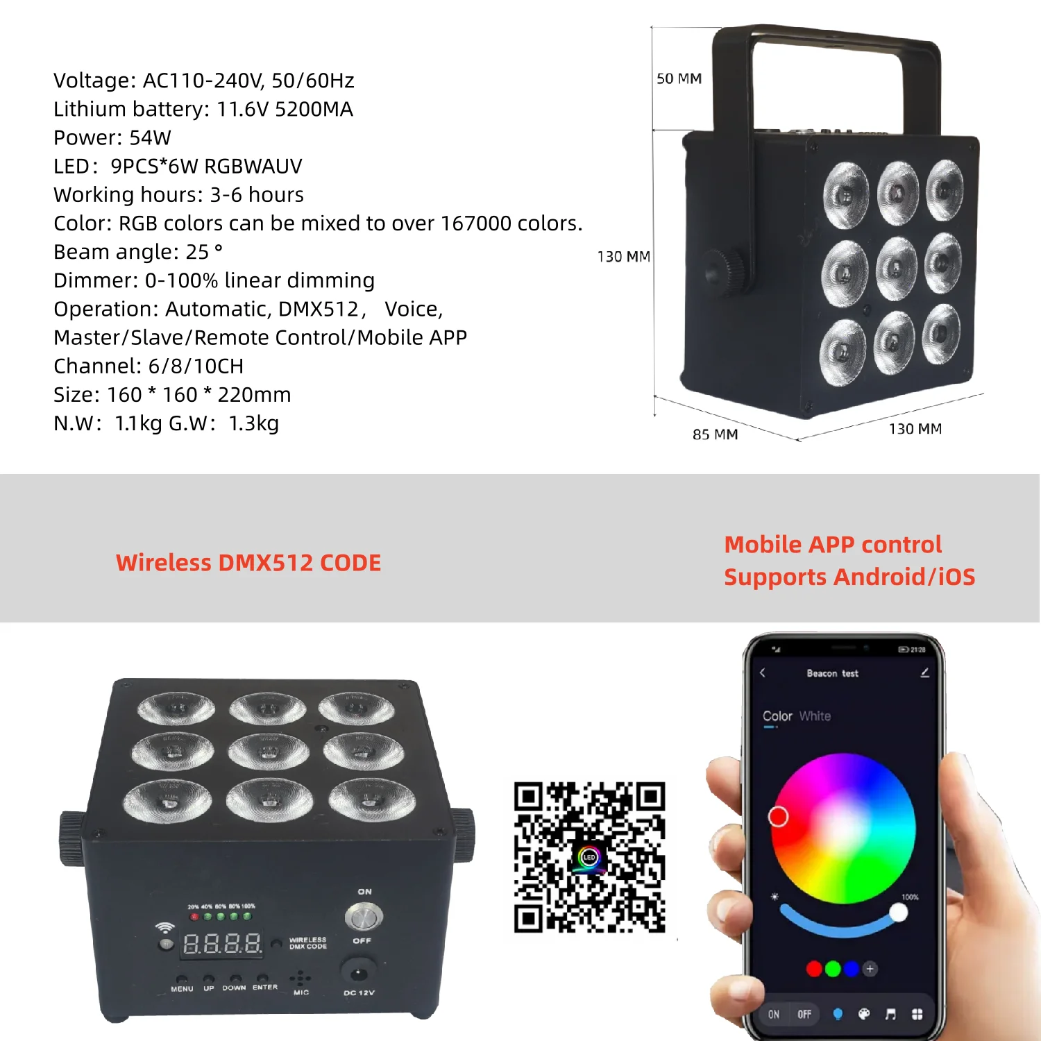 6PCS/remote 9X6W RGBWA UV 6-IN-1 battery LED PAR/wireless WIFI battery led PAR light/ led walling wash lgiht stage dj lamp