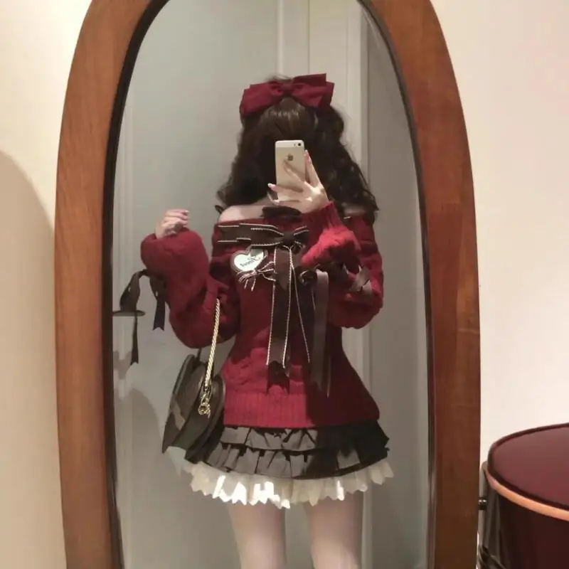 

Kawaii Girl Fashion Tops 2-Piece Student Cartoon Casual Women Clothing Sweet Christmas Set Women Early Spring Bow Knit Sweater