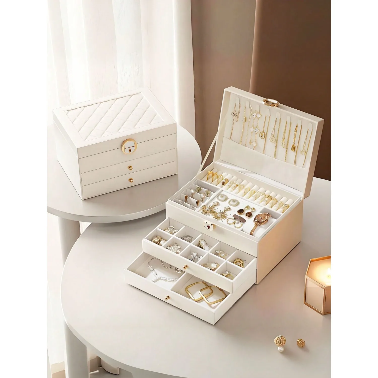 

1pc Luxury Rhombic Pattern Lockable 3/2/1 Compartment Jewelry Box, Multi Layer Jewelry Box With Lock, Jewelry Storage Box
