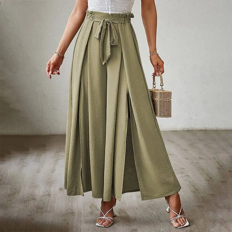 

Spring Summer New Bow Loose High Waist Pleated Wide Leg Casual Pants Cleanfit Sle mid Low Waist PVC Material for Women