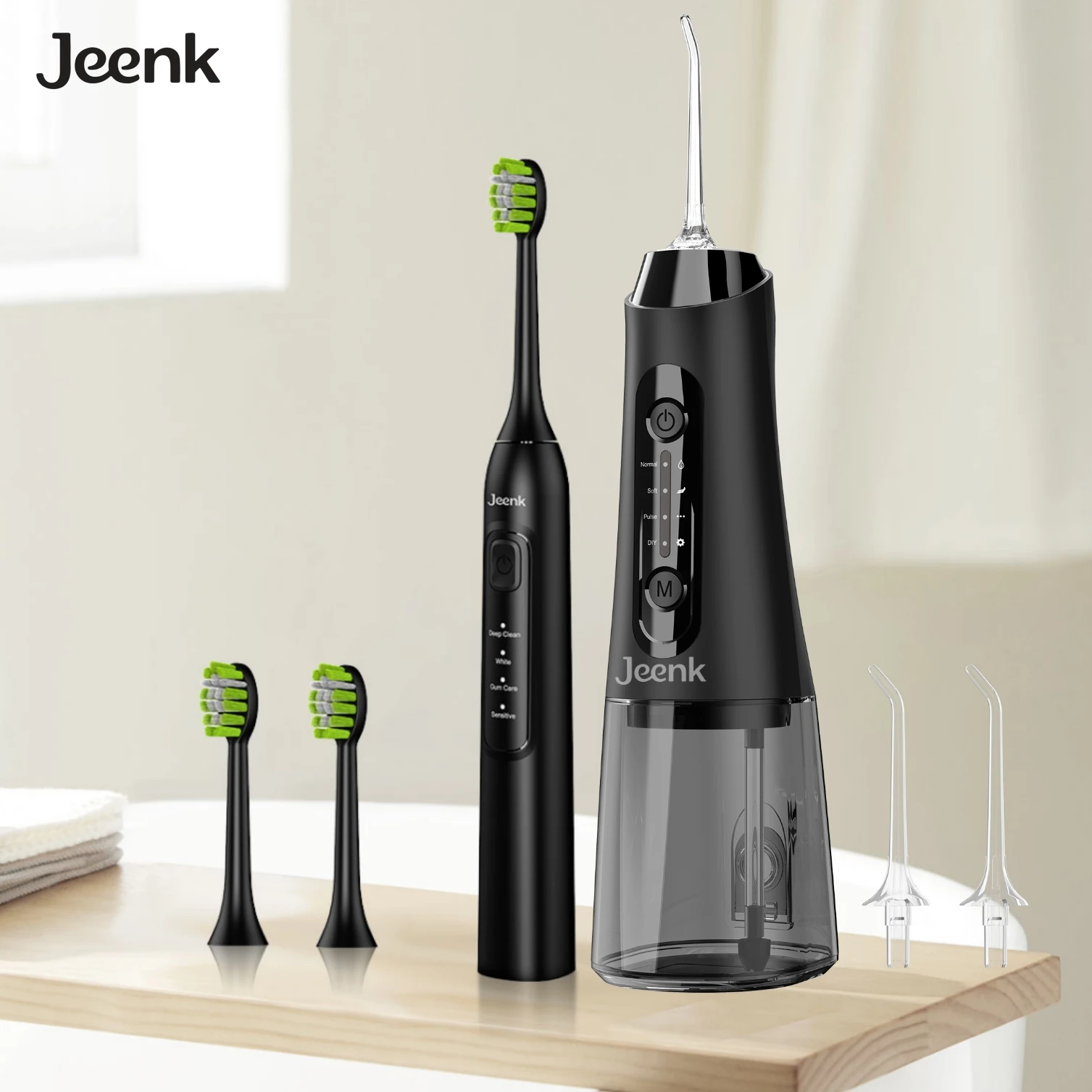 

Jeenk Electric Sonic Toothbrush & Water Flosser USB Charge Waterproof 4 Modes 6 Brush Heads Toothbrushes Teeth Cleaner for Adult