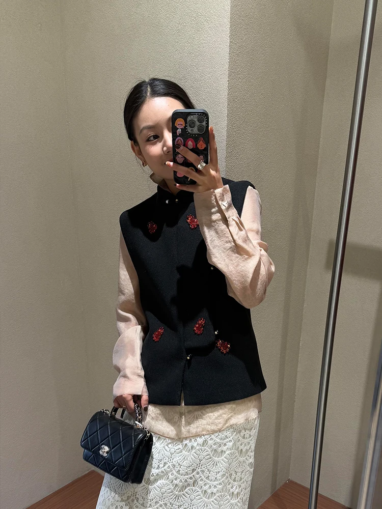 

Новая женская весенняя жилетка в китайском стиле с вышивкой, модный тренд, воротник-стойка, стильный топ