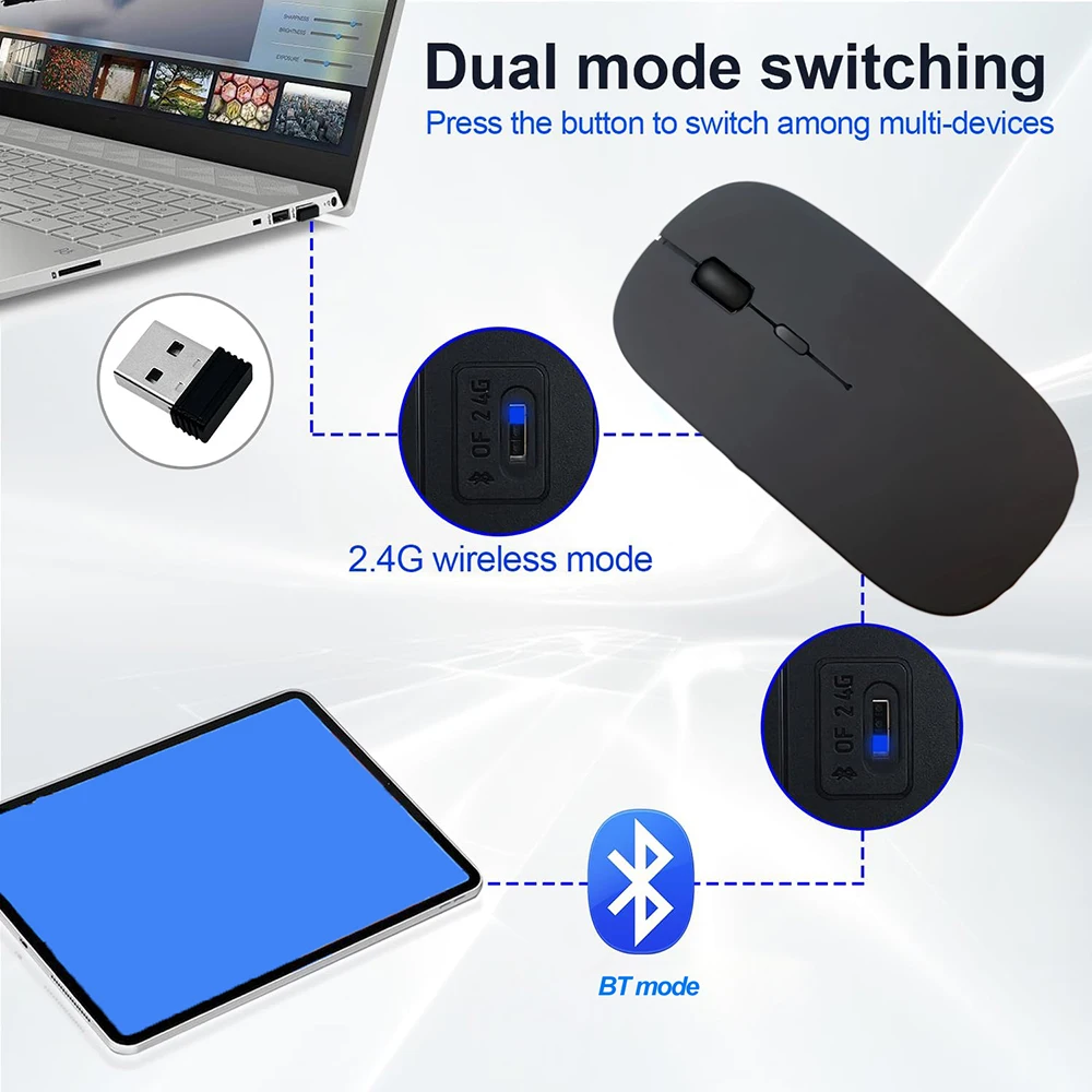 Mouse sem fio de modo duplo 2.4g e bt, recarregável, silencioso, sem fio, ergonômico, portátil, para jogos, pc, laptop, macbook, tablet