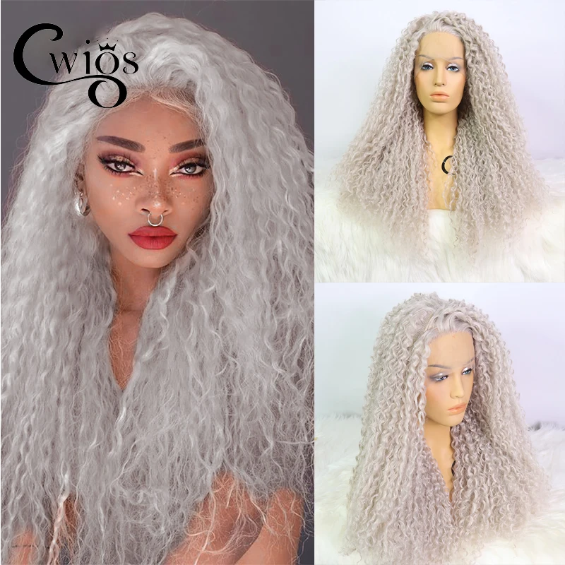 Cwigs Smooth Curly Synthetic Lace Front Wig Light Grey Pre Plucked Daily Heat Resistant Fiber Hair Kinky Curly Wig Cosplay Wig