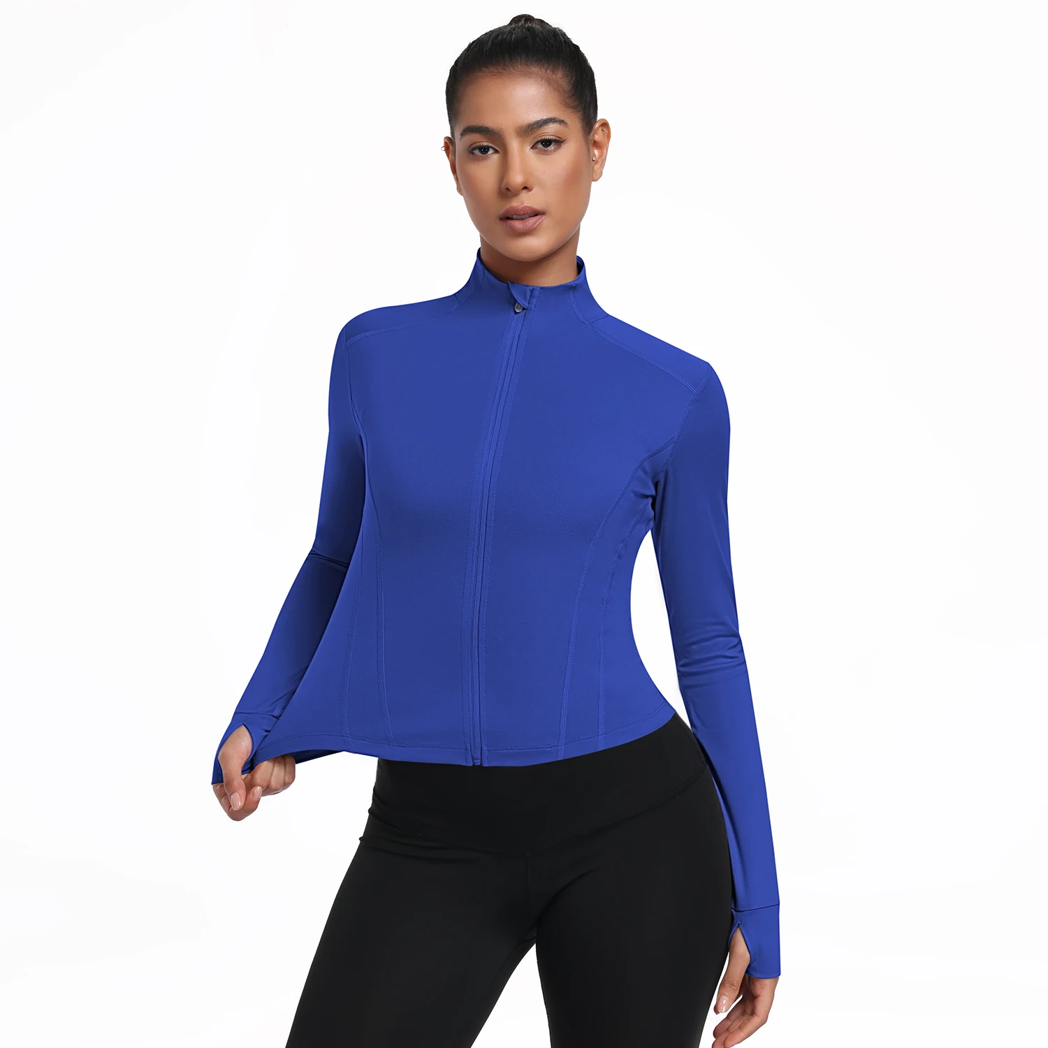 Women's Solid Color Zipper Stand Collar Sports Jacket Long-Sleeved Sports Top Gym Wear Ladies' Sportswear For Indoor and Outdoor view 3
